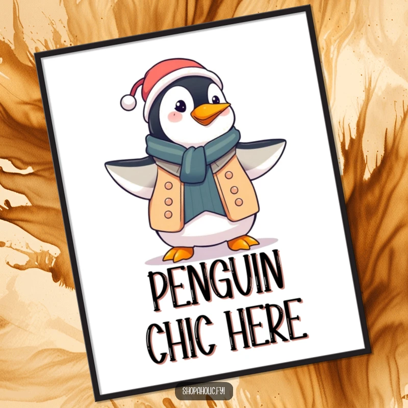 Funny penguin poster, proudly displaying a new fashionable outfit with a flourish, elegant wall art, a humorous gift idea.