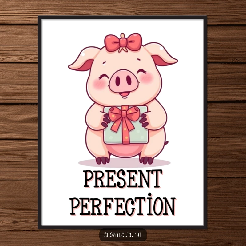 Funny poster print of a contented pig holding a brightly wrapped gift, perfect for playful wall decor.