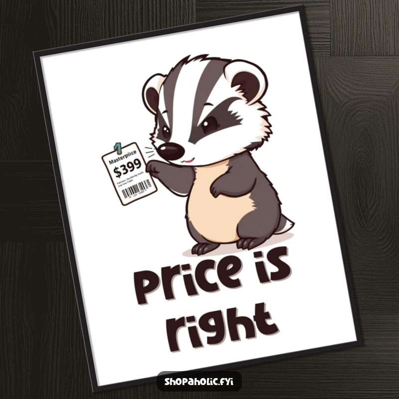 Funny poster of a determined badger with a satisfied nod while scrutinizing a price tag, representing a keen shopper.