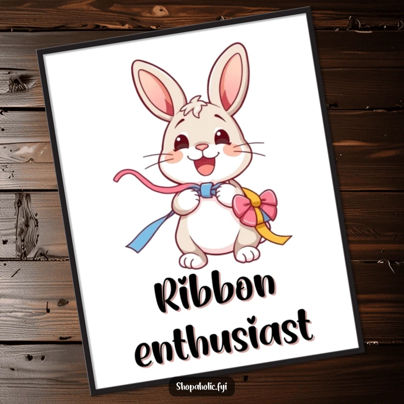 Funny Bunny Poster: A cheerful bunny excitedly unwraps a colorful ribbon, a vibrant and humorous piece of wall art.