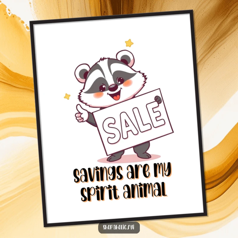 Funny Badger Sale Hunter Poster - Wall art showing a jovial badger enthusiastically pointing at a massive sale banner, symbolizing savings.