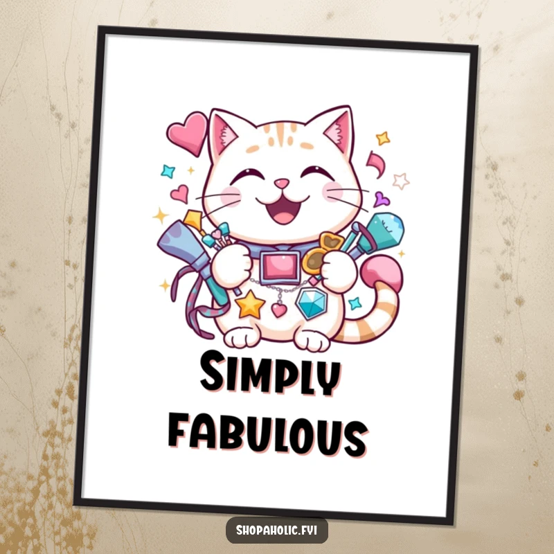 Funny cat poster featuring a cheerful cat grinning while holding a vast amount of sparkly accessories.