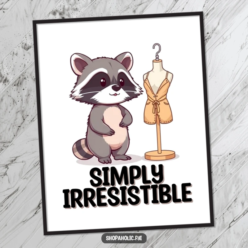 Funny Raccoon Mannequin Poster: A mischievous raccoon admiring its reflection, embodying playful vanity. Artistic and fun.