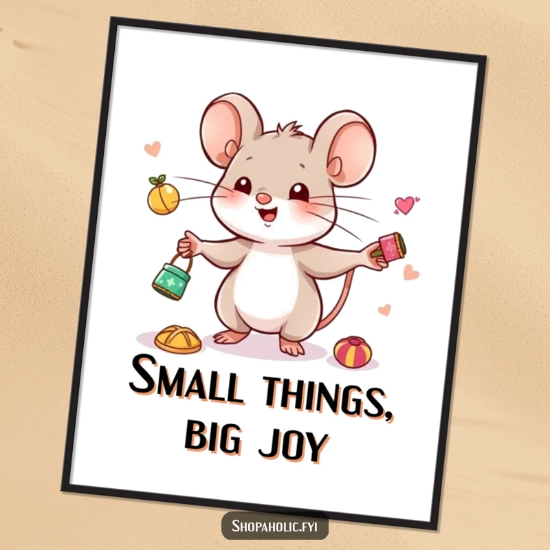 Funny Mouse Juggling Poster - Wall art showing a cute mouse happily juggling multiple tiny, desirable trinkets, embodying joyful collecting.