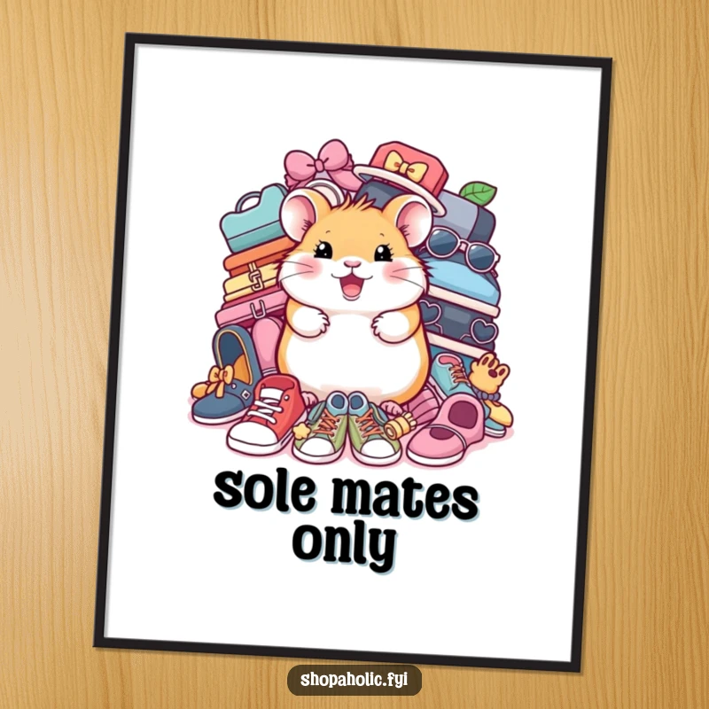 Funny Hamster Shoe Poster: A cheerful hamster joyfully surrounded by a mountain of shoes and accessories. Stylish wall art.