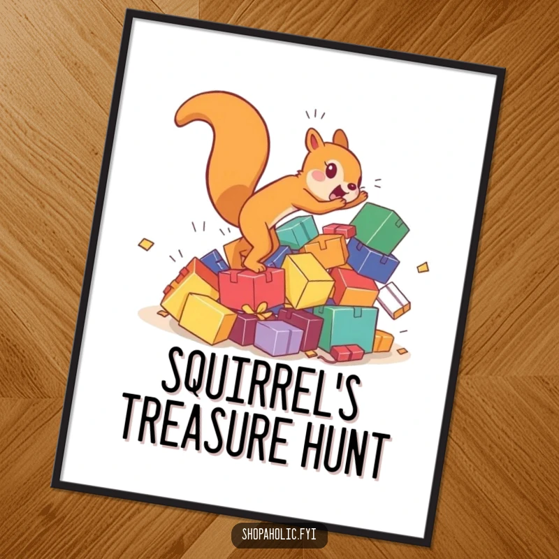 Funny squirrel poster showing a hyperactive character chasing a tumbling pile of colorful boxes, a humorous piece of wall art.
