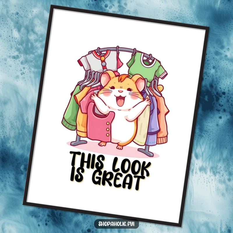 Funny hamster poster, jovially spinning around a rack of colorful clothes, vibrant wall art depicting fashion fun, a gift.