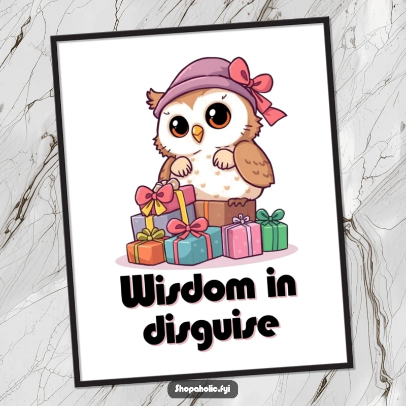 Funny Owl Poster: A curious owl peeks out from behind a stack of presents, creating a humorous and intriguing wall decoration.