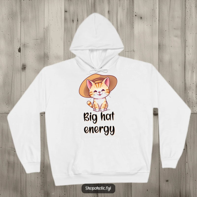 Funny hoodie showing a happy cat character trying to fit into a massive, oversized hat, embodying playful fashion.