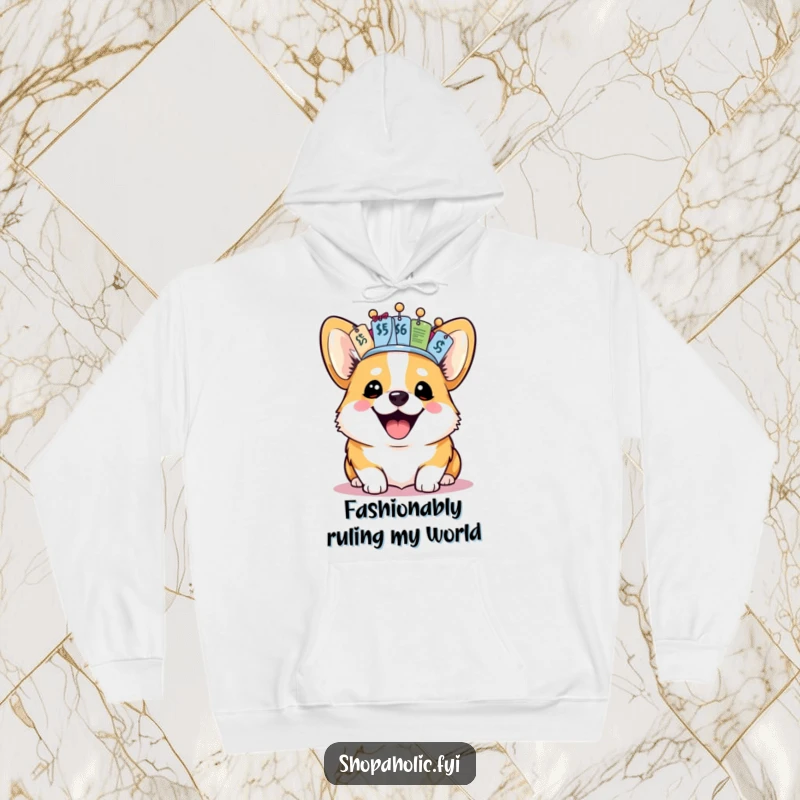 Funny Corgi Hoodie: A joyful corgi wears a crown of shiny price tags, offering warmth and a royal sense of humor.