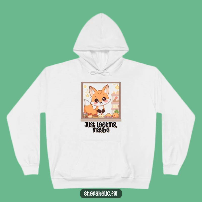 Cozy Funny Fox Hoodie: Warm fleece with wide-eyed fox eyeing tempting treats, a cozy gift.