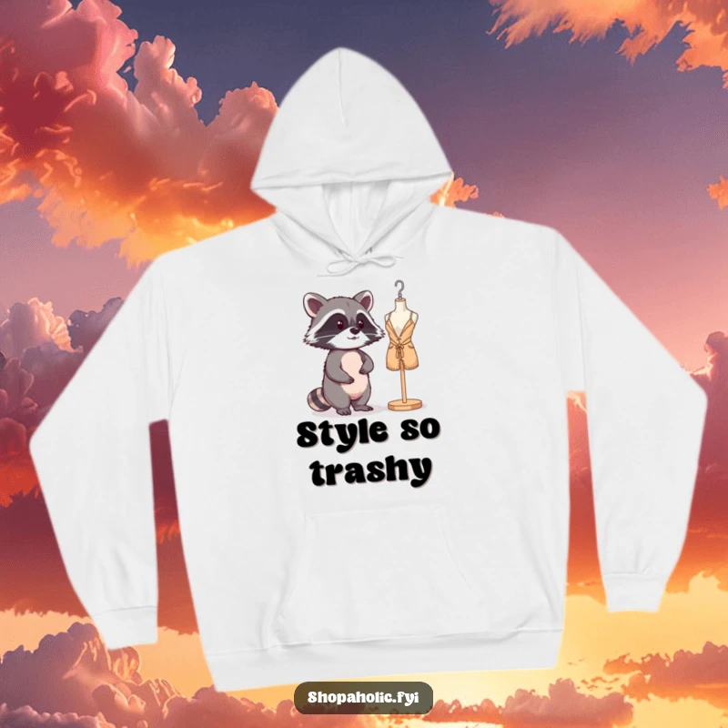 Funny Raccoon Mannequin Hoodie: A mischievous raccoon admiring its reflection in a shop window, radiating confidence. Comfy and stylish.
