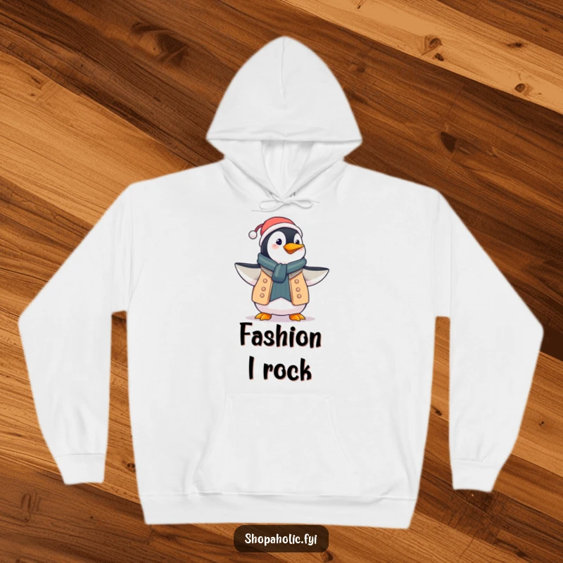 Funny penguin hoodie, proudly displaying a new fabulous outfit with elegance, representing fashion confidence, a great funny gift.