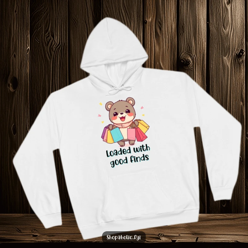 Funny Bear Hoodie: Enthusiastic bear with a wide grin, joyfully holding many shopping bags, cozy apparel.