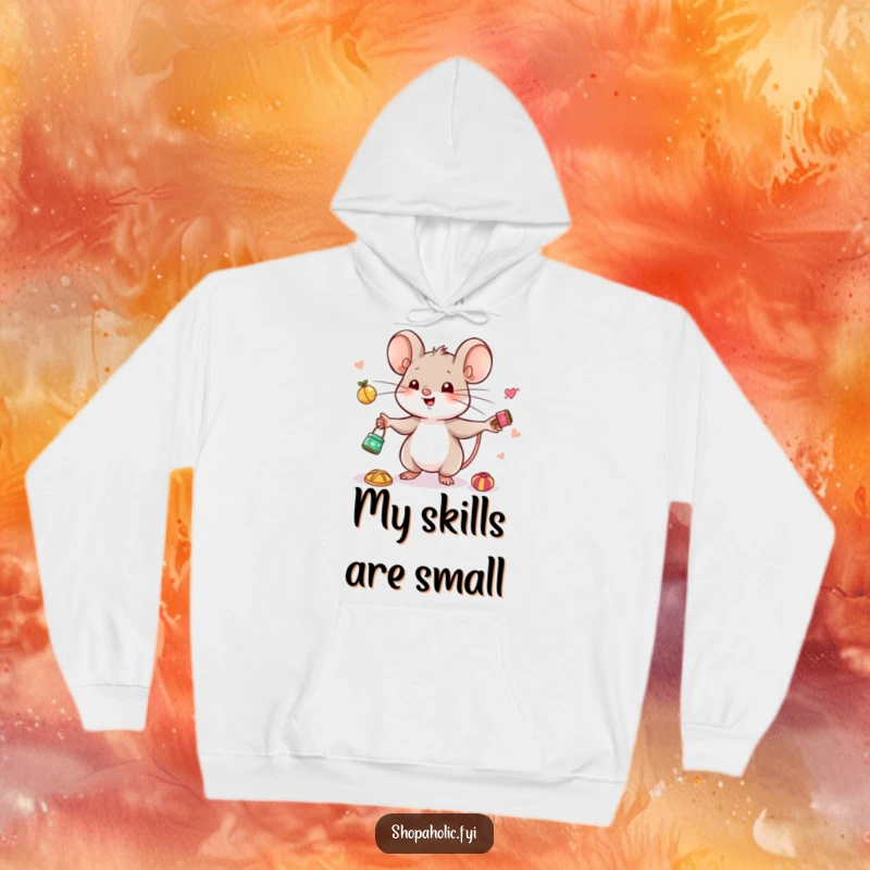 Funny Mouse Juggling Hoodie - Cozy hoodie featuring a cute mouse happily juggling tiny, desirable trinkets, perfect for collectors.