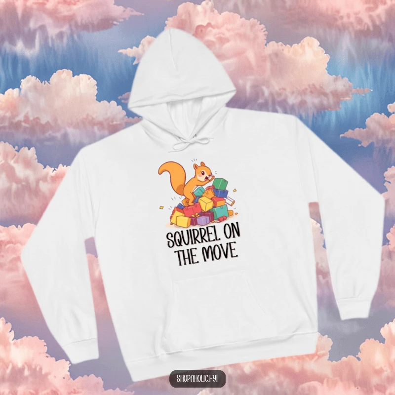 Funny squirrel hoodie featuring a hyperactive character chasing a tumbling pile of colorful boxes, a warm and humorous apparel choice.