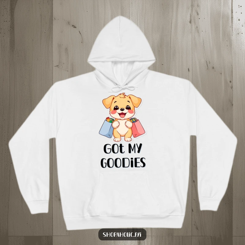 Funny puppy hoodie with a delighted puppy holding shopping bags full of colorful items, ideal for cozy wear.