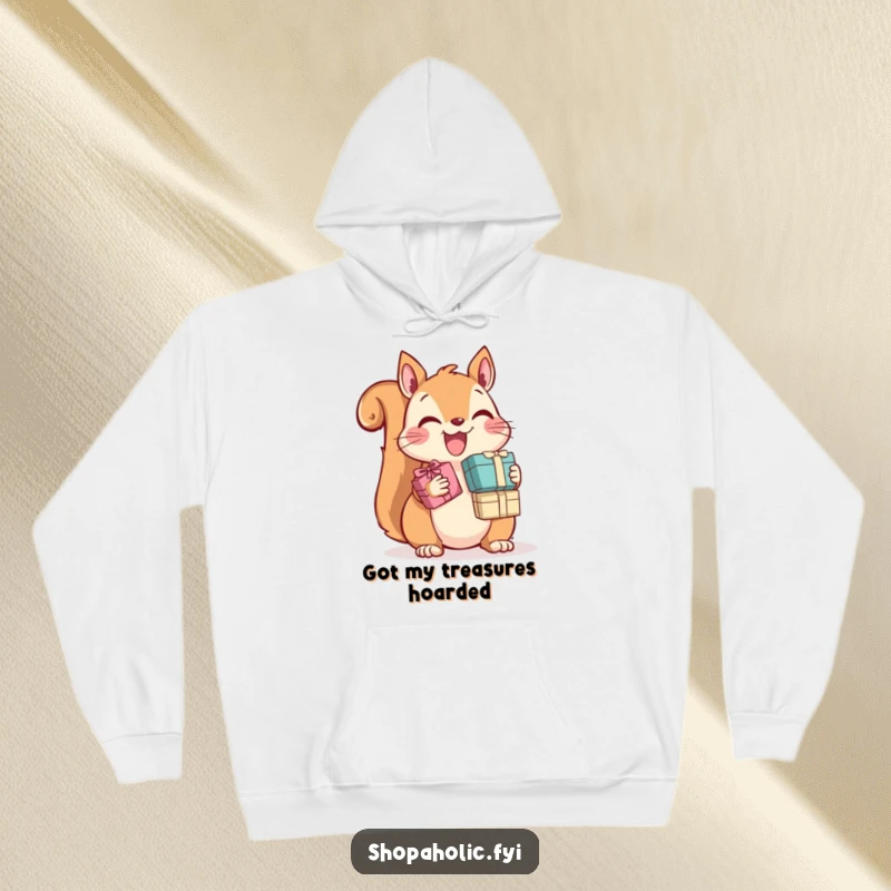 Funny Squirrel Hoodie: A cheerful squirrel with a delighted expression holds numerous small gift boxes, a humorous take on gift accumulation.