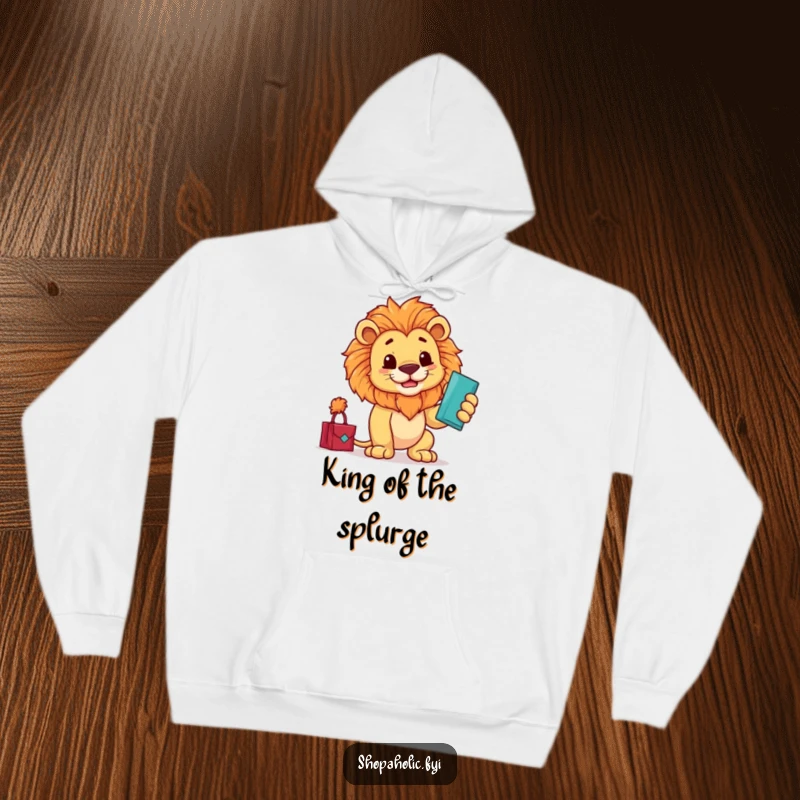 Funny hoodie with a majestic lion proudly admiring a new purchase with a dramatic flourish, showcasing regal style and satisfaction.