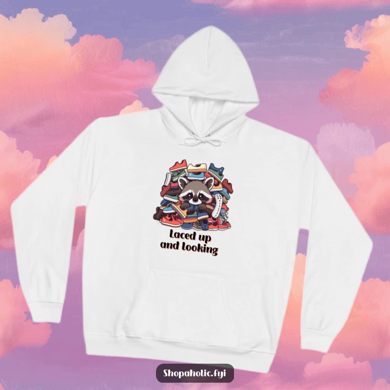 Funny Raccoon Hoodie: A curious raccoon peeks out from behind an absurdly large pile of shoes, offering warmth and humor.