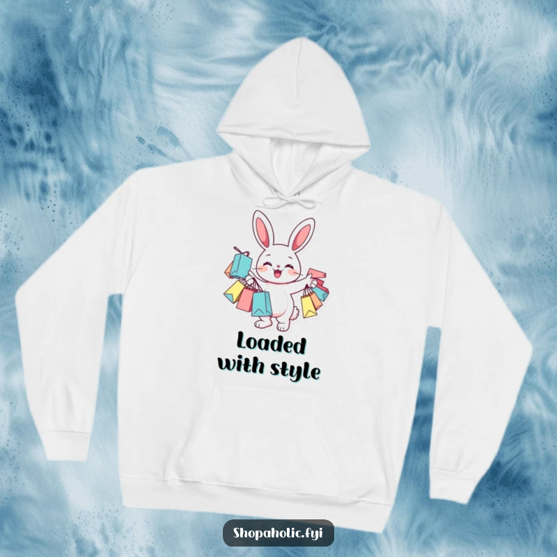 Funny Hoodie featuring a cheerful bunny character laden with many shopping bags, perfect for a shopping spree.
