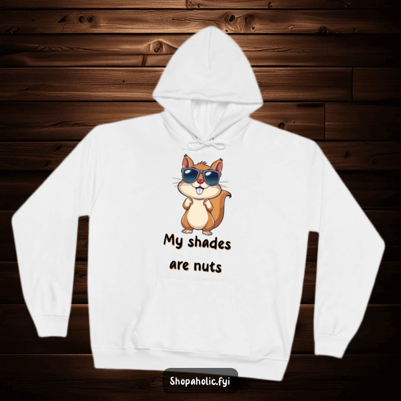 Funny Squirrel Sunglasses Hoodie: An energetic squirrel trying on sunglasses, radiating cool vibes. Comfy and stylish.