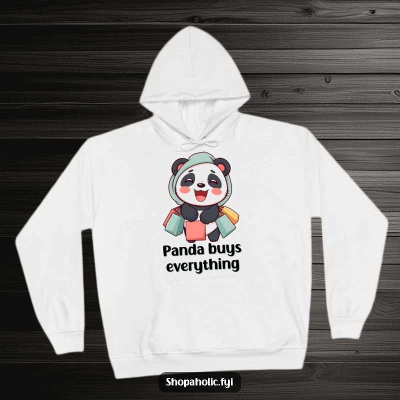 Funny panda hoodie featuring a delighted panda with overflowing shopping bags, a warm and humorous apparel choice.