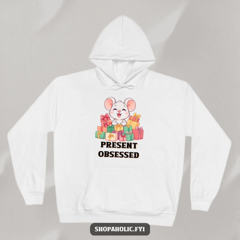 Funny hoodie features a gleeful mouse character sitting atop a mountain of wrapped presents, embodying excitement and holiday spirit.
