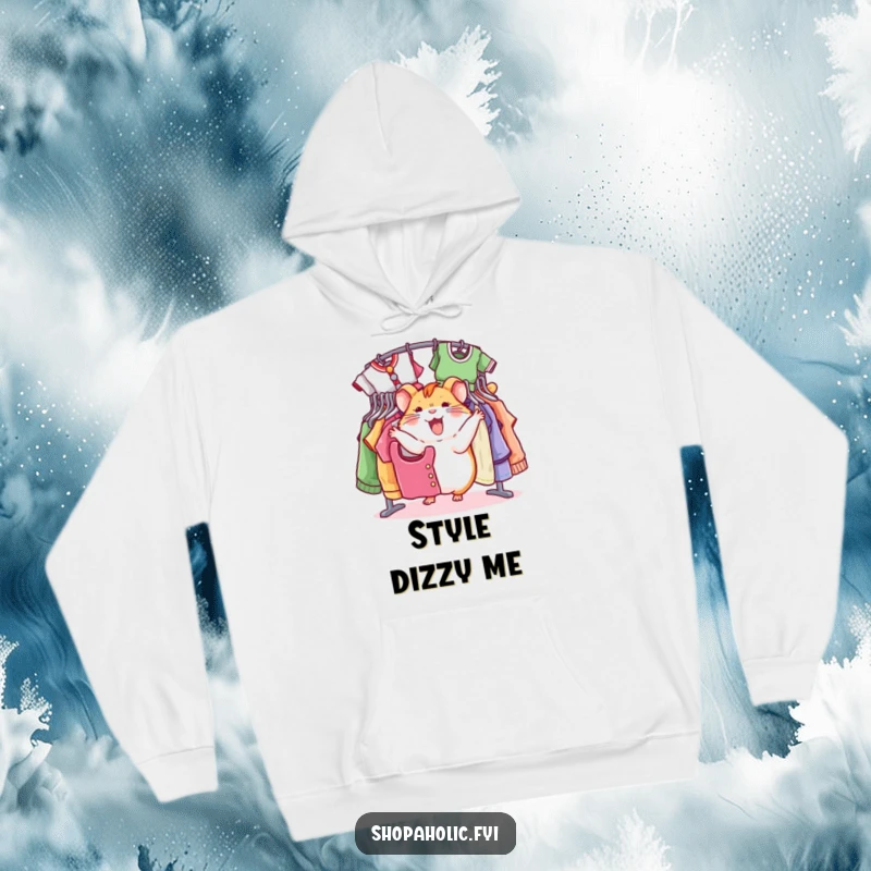 Funny hamster hoodie, jovially spinning around colorful clothes racks, representing fun and fashion exploration, a great funny gift.