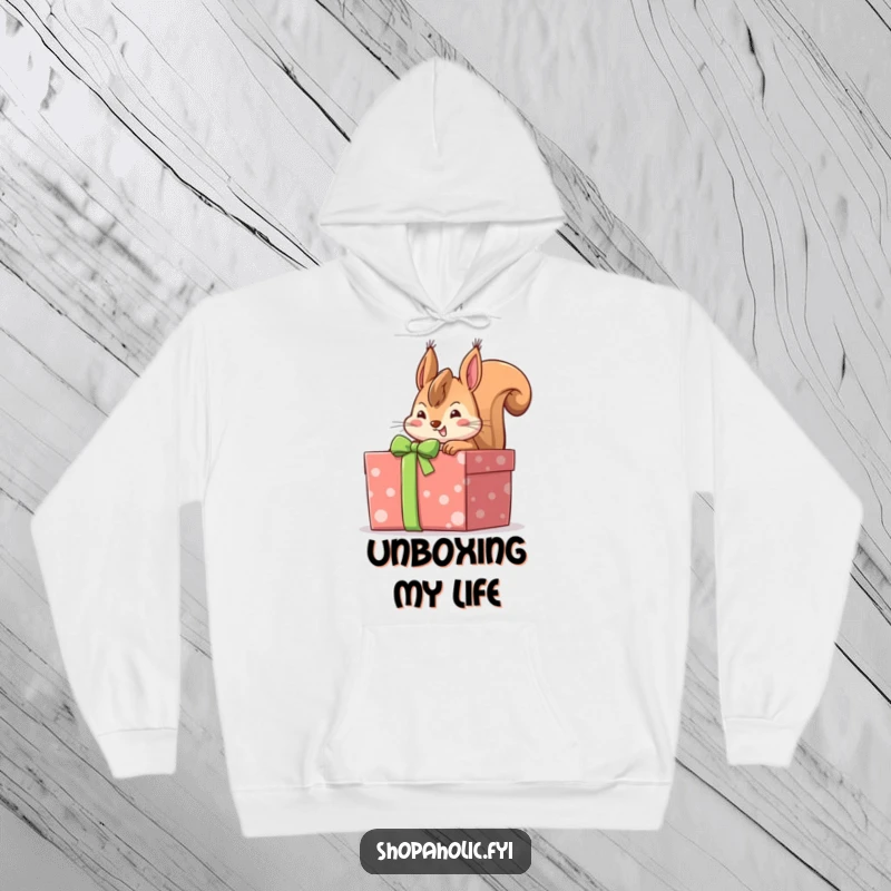 Funny cheerful squirrel peeking into a large gift-wrapped box, full of anticipation, a soft and humorous hoodie.