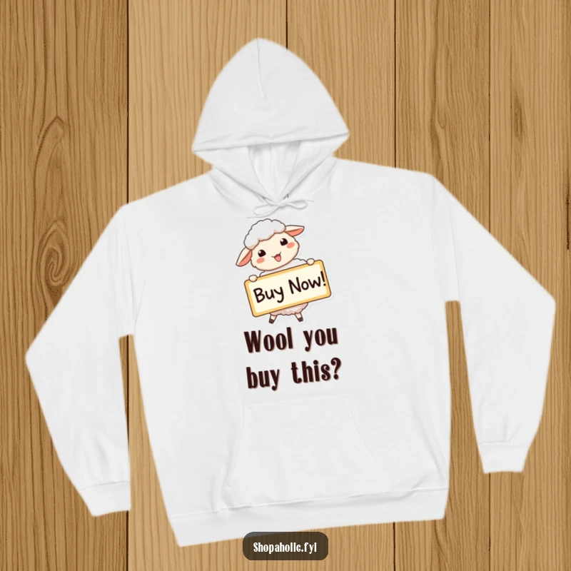 Funny sheep hoodie featuring a beaming sheep enthusiastically holding a large 'Buy Now!' sign, ideal for cozy shoppers.