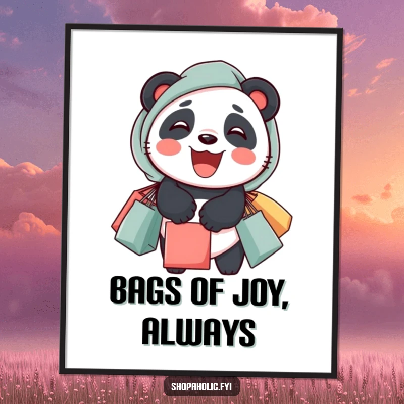 Funny Free Printable Wall Art: A delighted panda with overflowing shopping bags and a cheerful grin, adorable downloadable art.