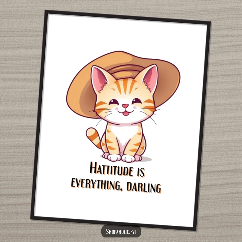 Funny Free Printable Wall Art: A happy cat character looking fabulous while wearing a large, elegant, oversized hat.