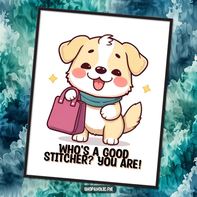 Funny Free Printable Dog Wall Art: Content dog offers a gift bag with a grand gesture, embodying generosity.