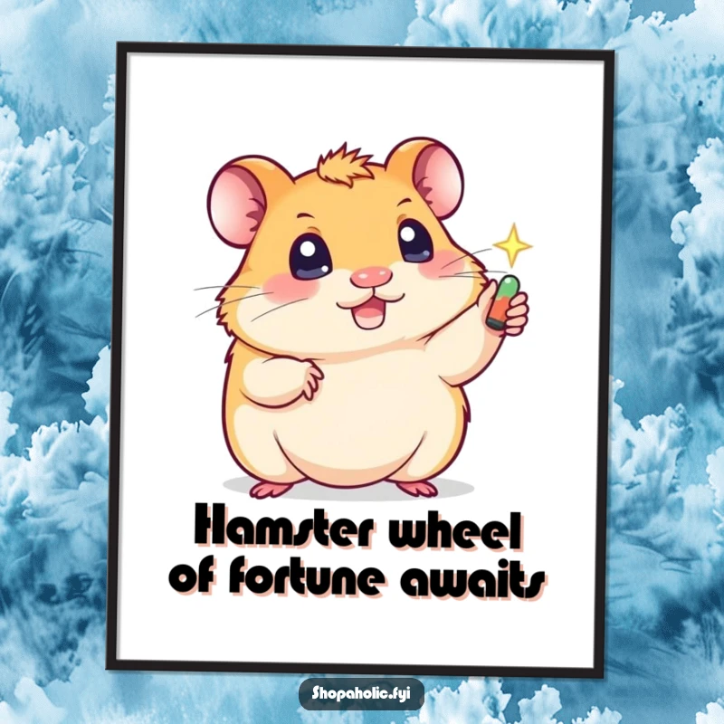 Funny Free Printable Wall Art of a cute hamster with sparkling eyes, reaching out for a shiny, desirable object.