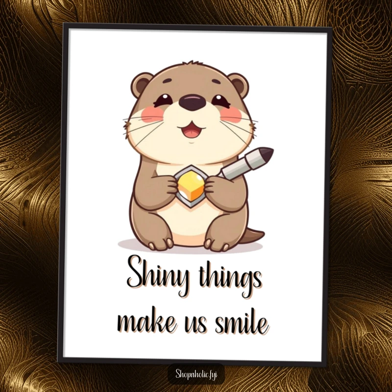Funny Free Printable Wall Art: A contented otter smiles widely while proudly holding a shiny, brand-new accessory.