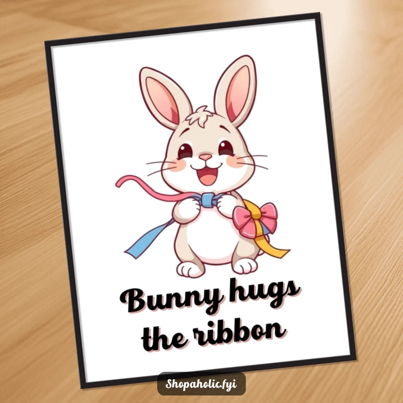 Funny Free Printable Wall Art: A cheerful bunny enthusiastically unwrapping a colorful ribbon, symbolizing joy and excitement.