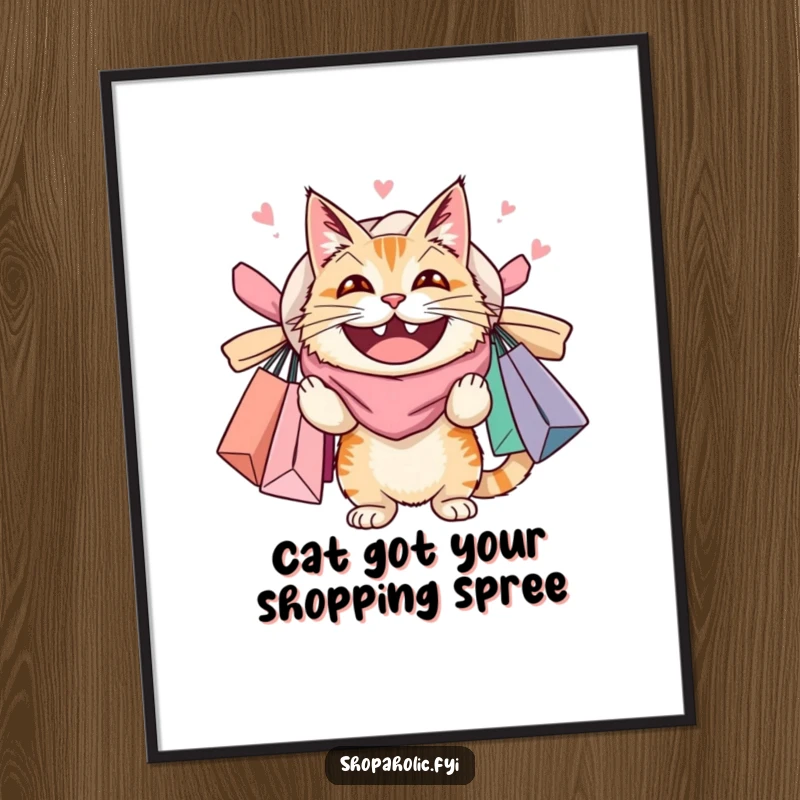 Funny Free Printable wall art: a grinning cat is loaded with overflowing shopping bags, humorous feline decor.