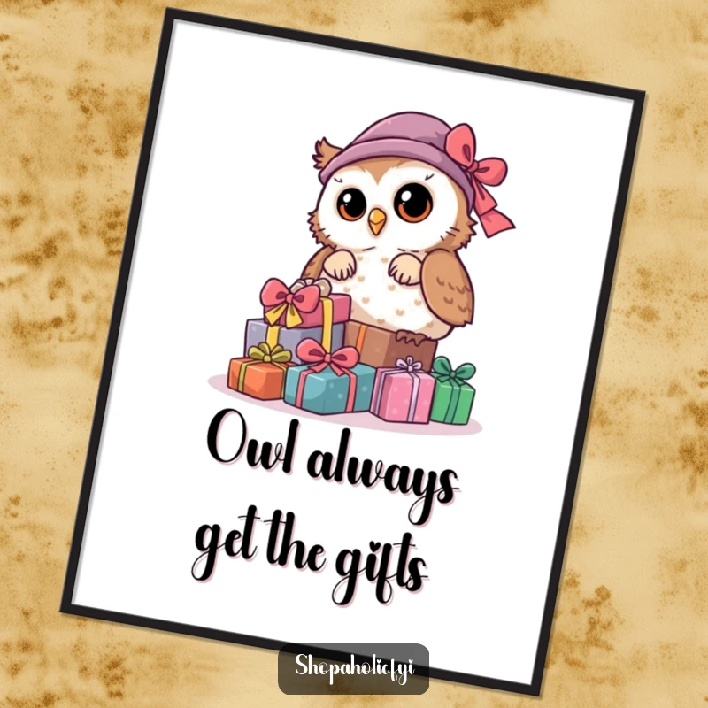 Funny Free Printable Wall Art: A curious owl peeking from behind a large pile of gift boxes, adding a whimsical touch.