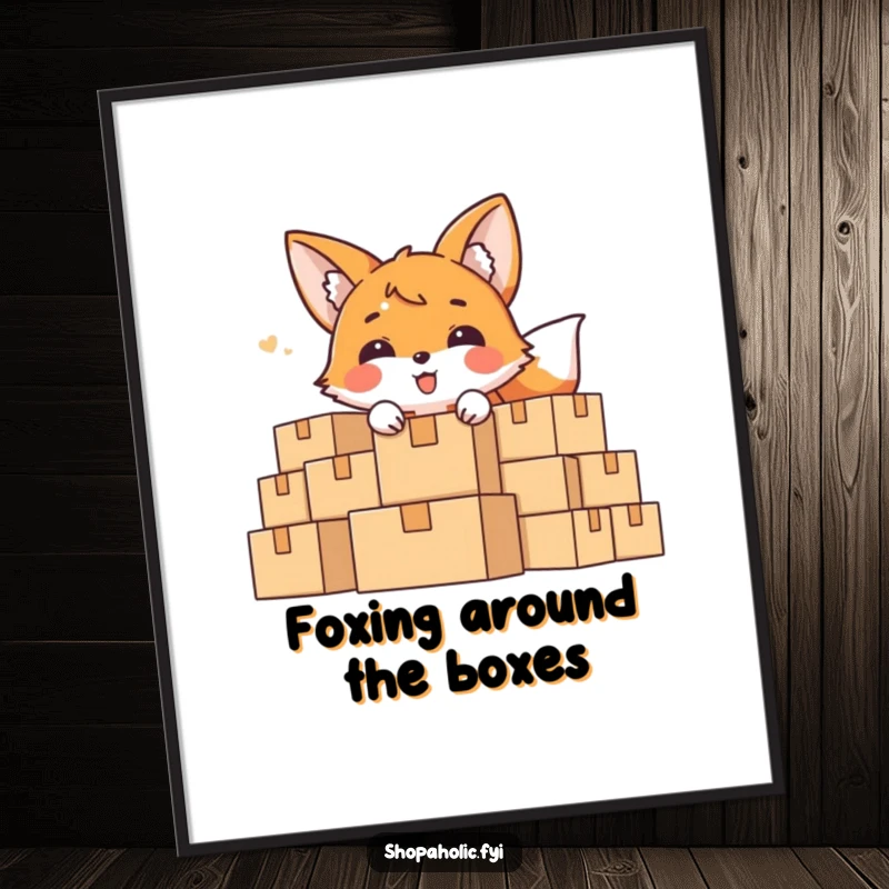 Funny Free Printable Wall Art: A delighted fox character peeks out from behind an enormous mountain of miscellaneous boxes. Whimsical art.