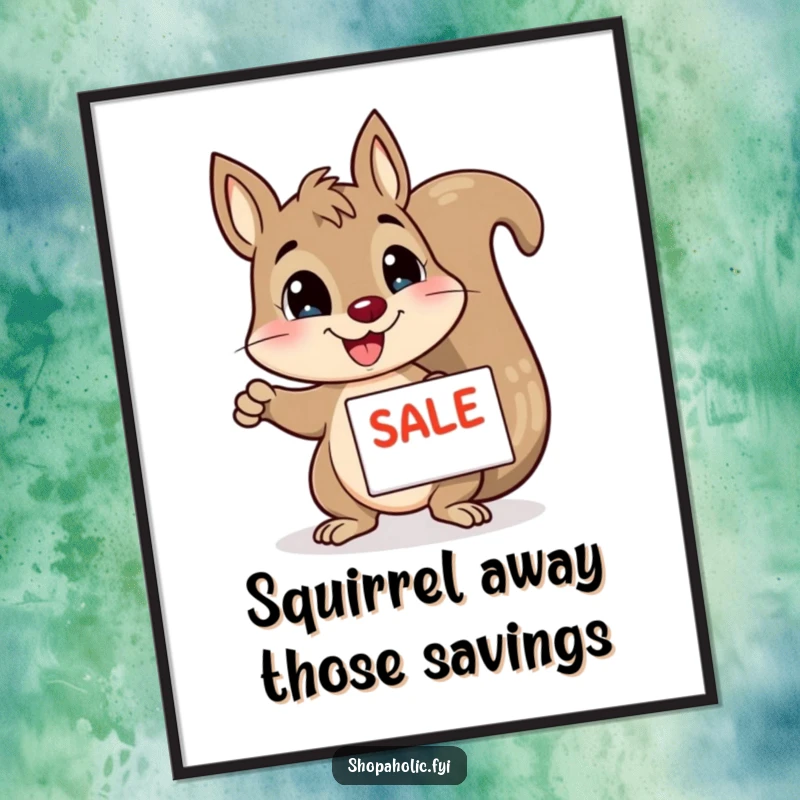 Funny Free Printable Wall Art: A smiling squirrel enthusiastically pointing at a sale sign, ready for shopping.