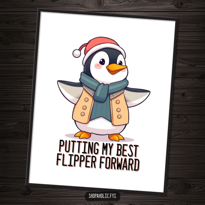 Funny Free Printable Wall Art: A proud penguin displaying a stunning new outfit with a confident flourish.