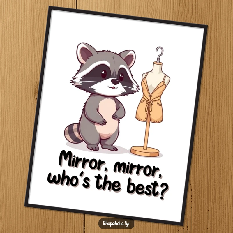 Funny Free Printable Wall Art: Mischievous raccoon admires its reflection in a shop window mannequin, chic.