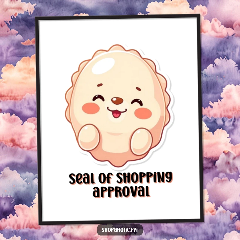 Funny Free Printable Wall Art: A winking seal happily presenting a shiny new purchase with a cheerful smile.