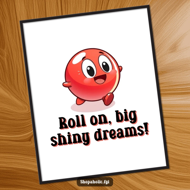 Funny Free Printable Wall Art: A red bouncing ball character speeds excitedly towards a gleaming display, full of vibrant energy.