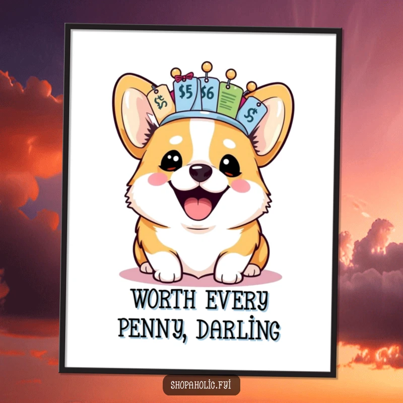 Funny free printable wall art of a joyful corgi wearing a crown made of price tags, exuding quirky charm.