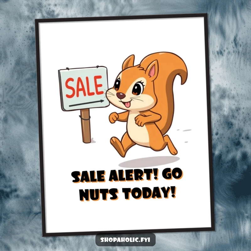 Funny Free Printable Wall Art: A determined squirrel sprints with all its might towards a bright red sale sign.