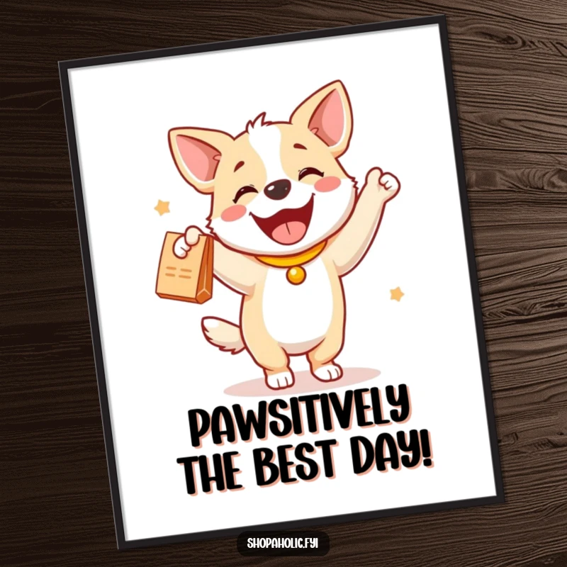 Funny Free Printable Wall Art: A dog performs an energetic happy dance, celebrating a brand new purchase.