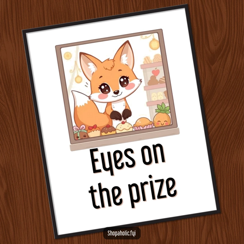 Funny Free Printable Wall Art: A fox with incredibly wide eyes, captivated by a window brimming with tempting goodies.