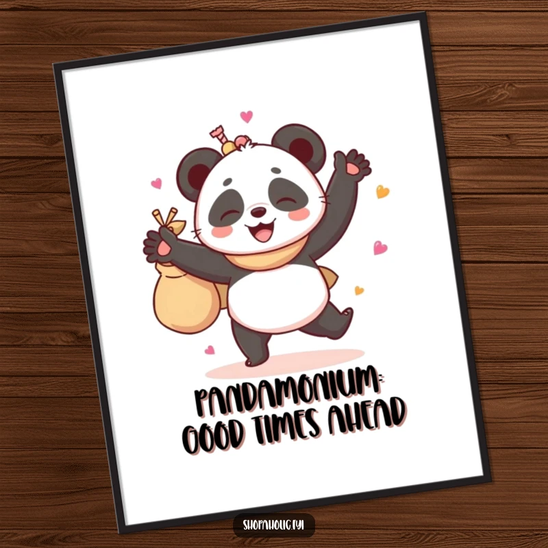 Funny Free Printable Wall Art: Giggling panda energetically dances holding a bag overflowing with delightful goodies.